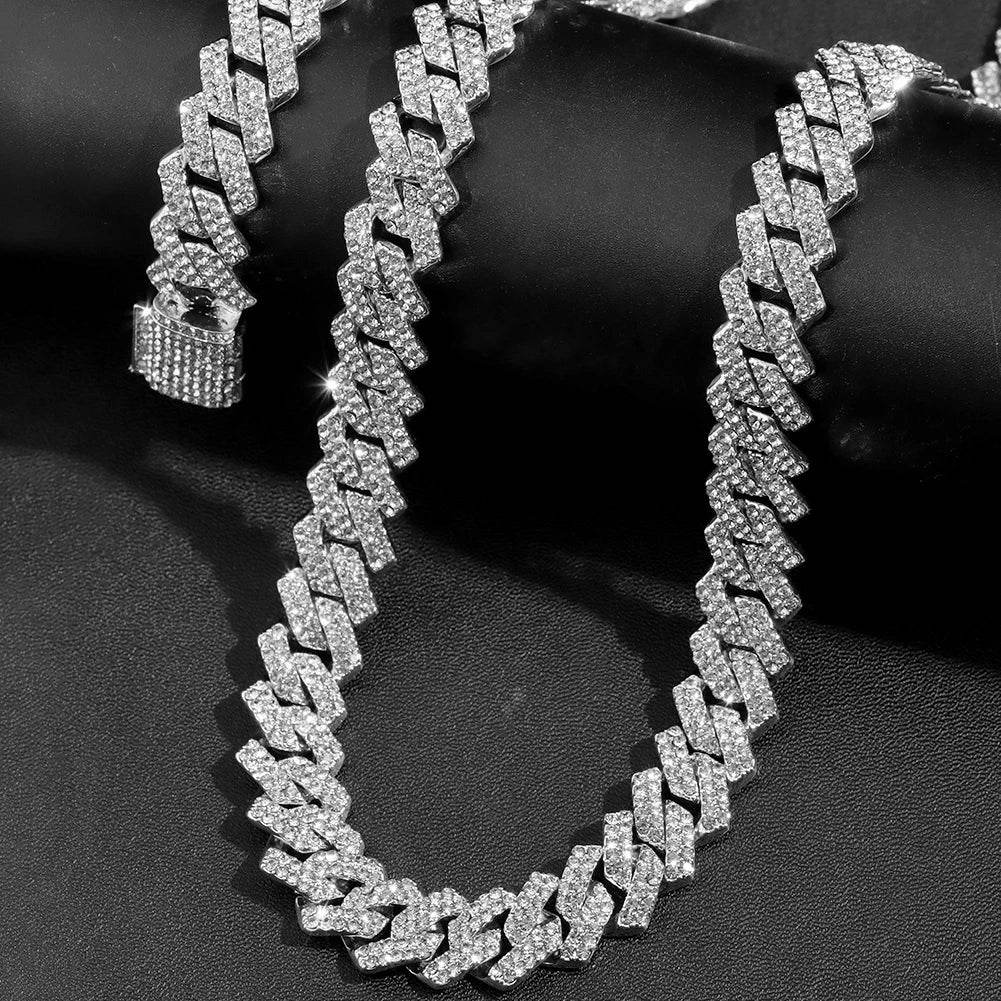 Hip Hop 14MM Prong Cuban Link Chain Necklace & Bracelet Iced Out Bling Cuban Chain Rhinestone Chains For Men Punk Rapper Jewelry - DRIPPIN AURA