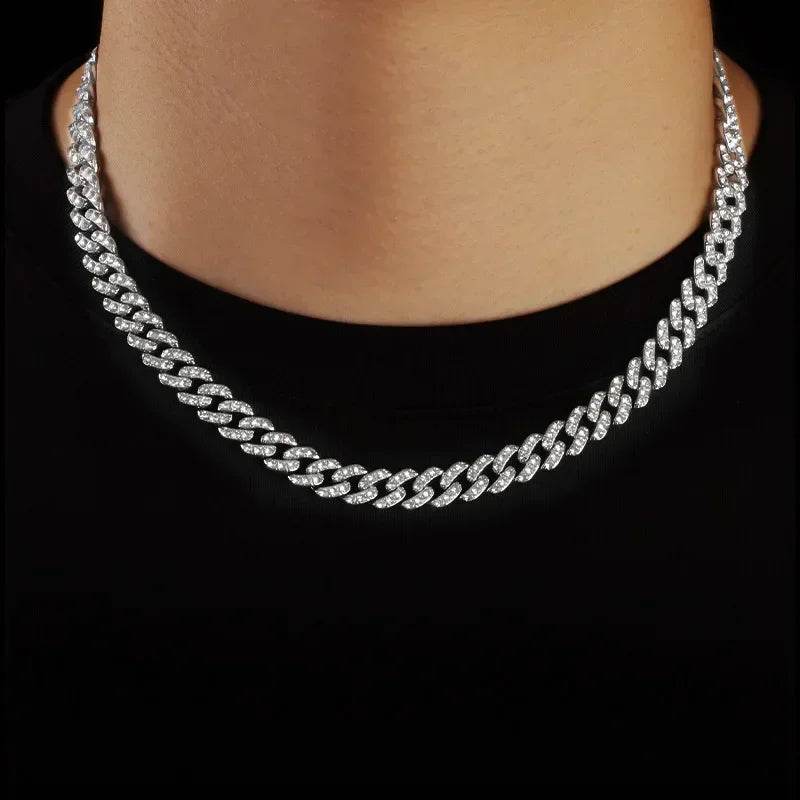 Hip Hop Shiny 15MM Cuban Link Chain Necklace Women Men Silver Color Rhinestone Iced Out Cuban Chain Punk Jewelry Necklace Gift - DRIPPIN AURA
