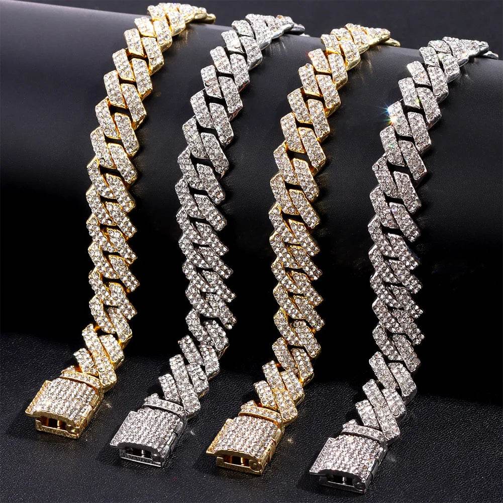 Hip Hop 14MM Prong Cuban Link Chain Necklace & Bracelet Iced Out Bling Cuban Chain Rhinestone Chains For Men Punk Rapper Jewelry - DRIPPIN AURA