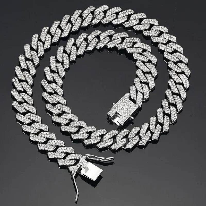 Hip Hop Shiny 15MM Cuban Link Chain Necklace Women Men Silver Color Rhinestone Iced Out Cuban Chain Punk Jewelry Necklace Gift - DRIPPIN AURA