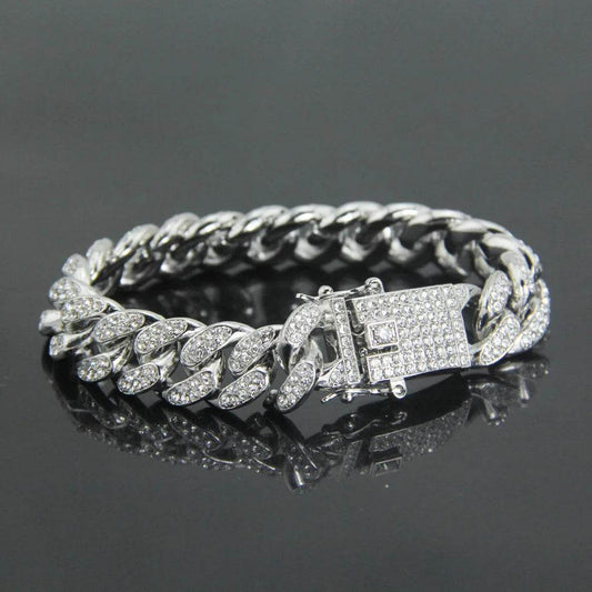 Fashion Shiny Cuban Chunky Chain Bracelets For Women Men Silver Color Rhinestone Bracelets Punk Hip Hop Wristband Jewelry Gift - DRIPPIN AURA