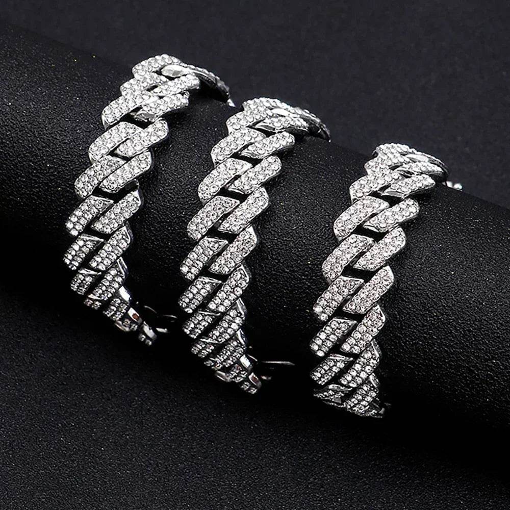 Hip Hop Shiny 15MM Cuban Link Chain Necklace Women Men Silver Color Rhinestone Iced Out Cuban Chain Punk Jewelry Necklace Gift - DRIPPIN AURA