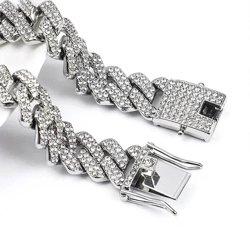Hip Hop Shiny 15MM Cuban Link Chain Necklace Women Men Silver Color Rhinestone Iced Out Cuban Chain Punk Jewelry Necklace Gift - DRIPPIN AURA