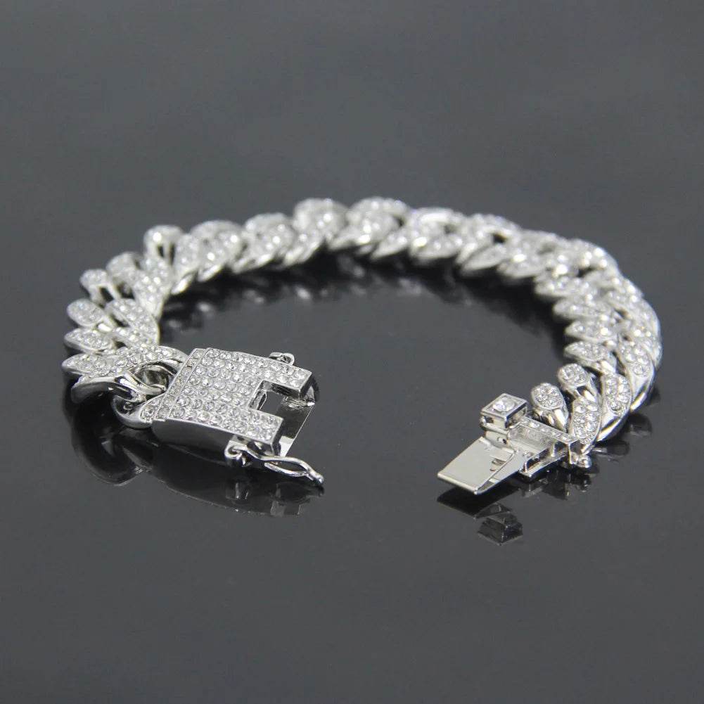 Fashion Shiny Cuban Chunky Chain Bracelets For Women Men Silver Color Rhinestone Bracelets Punk Hip Hop Wristband Jewelry Gift - DRIPPIN AURA