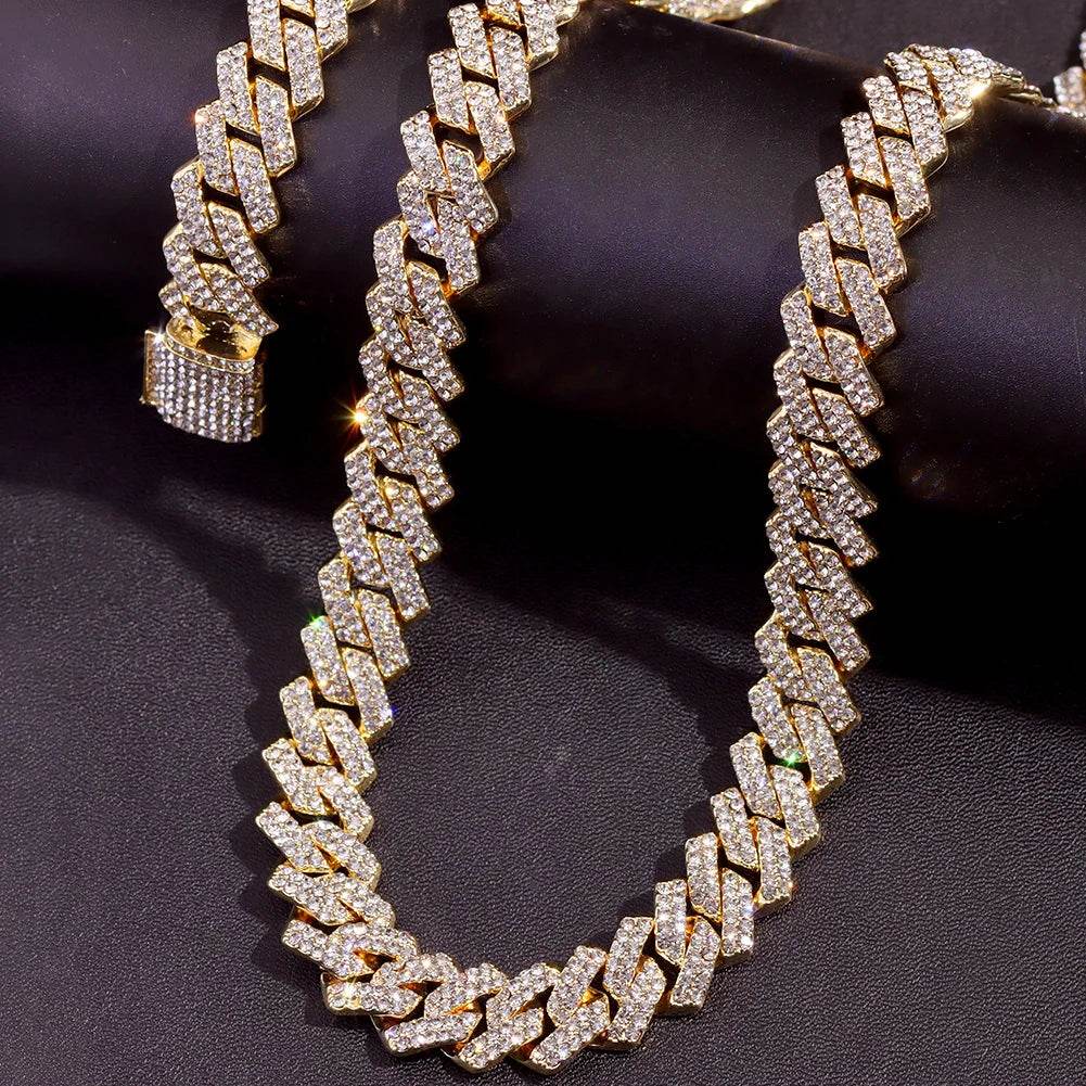 Hip Hop 14MM Prong Cuban Link Chain Necklace & Bracelet Iced Out Bling Cuban Chain Rhinestone Chains For Men Punk Rapper Jewelry - DRIPPIN AURA