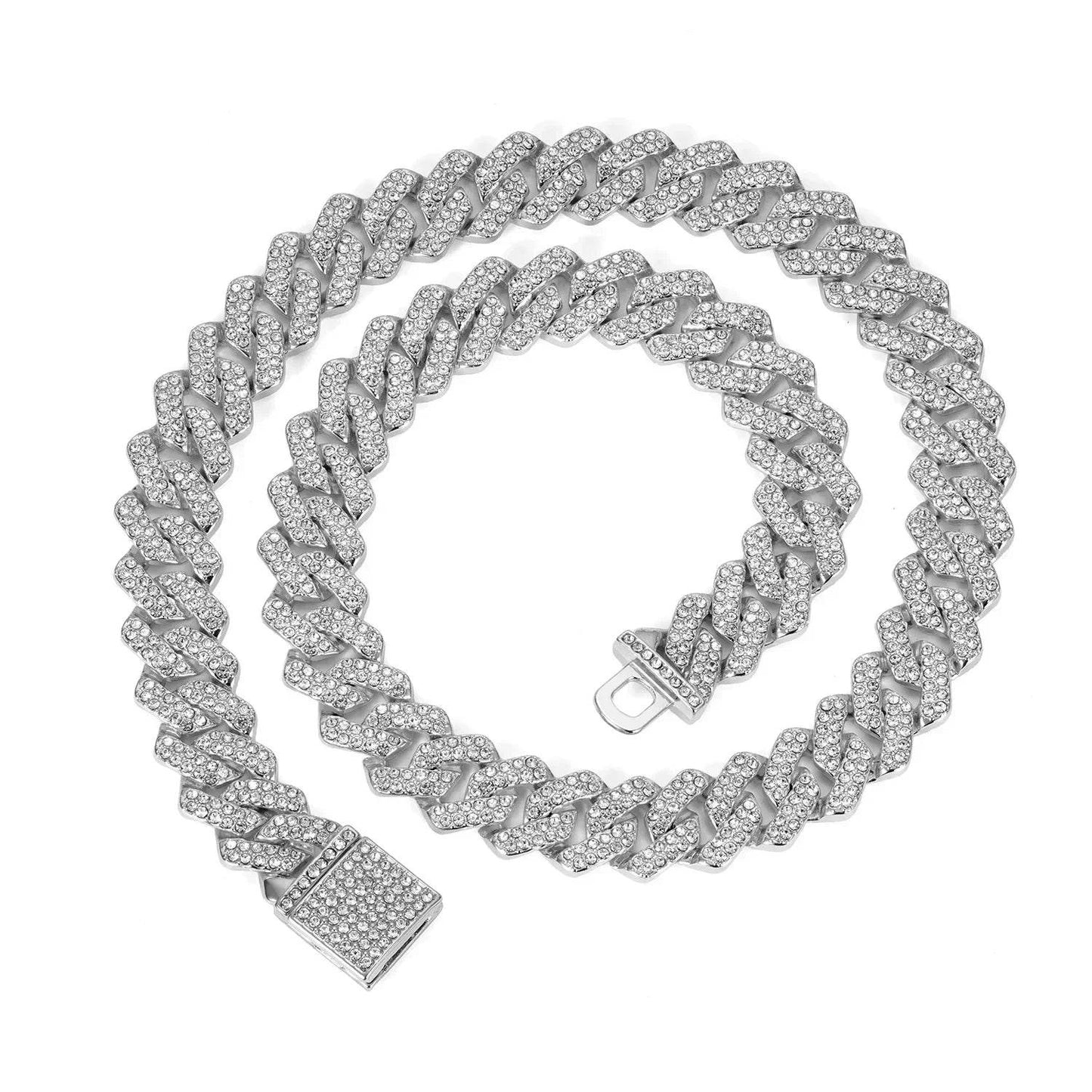 Hip Hop Shiny 15MM Cuban Link Chain Necklace Women Men Silver Color Rhinestone Iced Out Cuban Chain Punk Jewelry Necklace Gift - DRIPPIN AURA