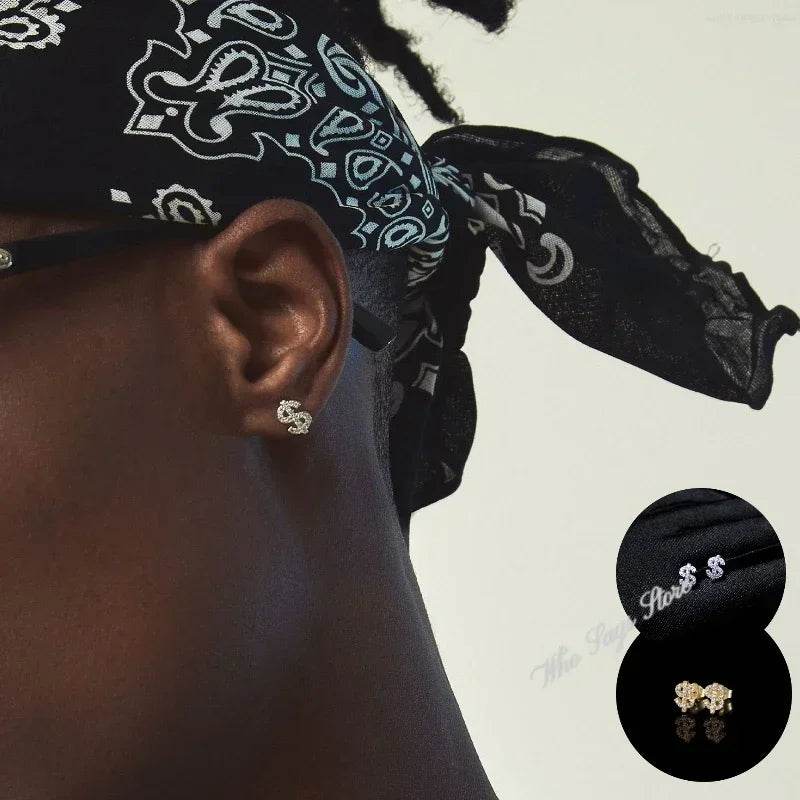Stainless Steel Earrings Hip Hop Jewelry Stud Earring Iced Out Zircon Dollar Sign Gold Plated Earrings for Women Серьги Женские - DRIPPIN AURA