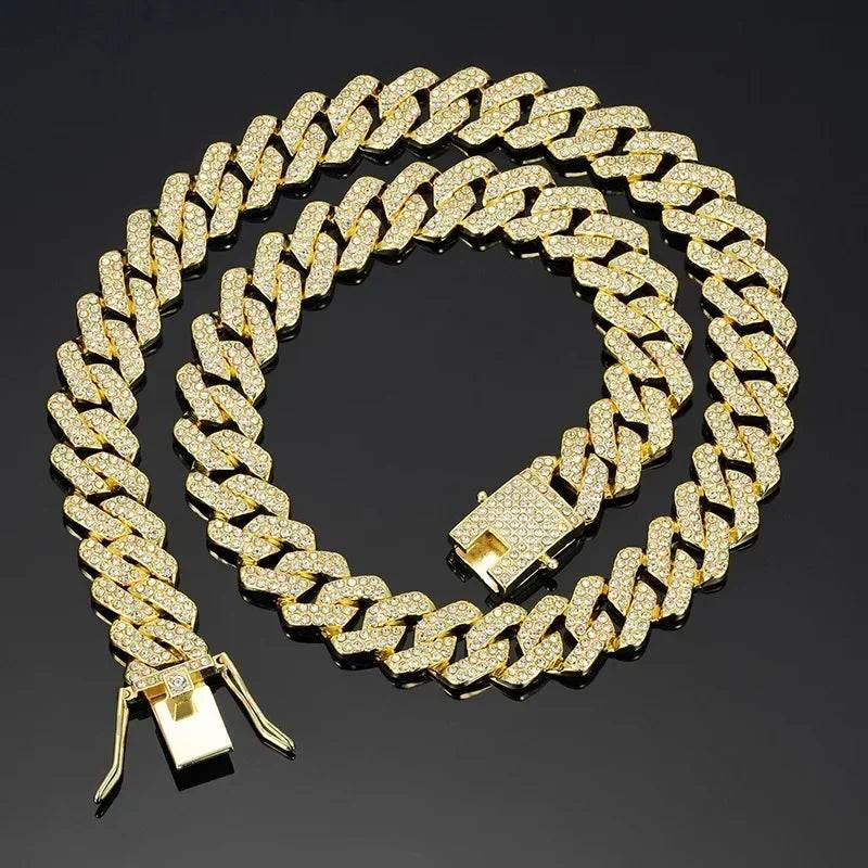 Hip Hop Shiny 15MM Cuban Link Chain Necklace Women Men Silver Color Rhinestone Iced Out Cuban Chain Punk Jewelry Necklace Gift - DRIPPIN AURA