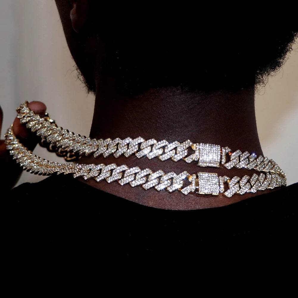 Hip Hop 14MM Prong Cuban Link Chain Necklace & Bracelet Iced Out Bling Cuban Chain Rhinestone Chains For Men Punk Rapper Jewelry - DRIPPIN AURA