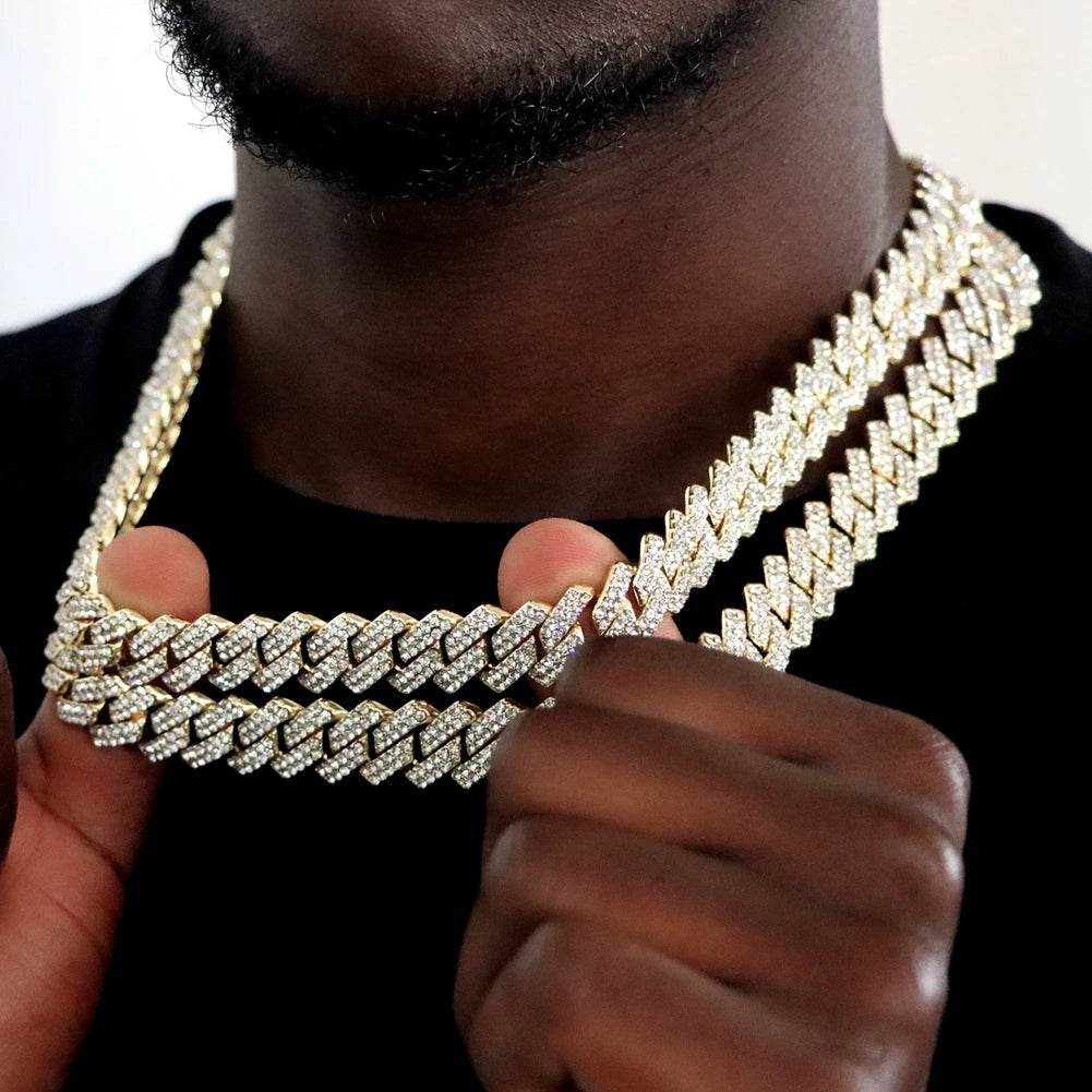 Hip Hop 14MM Prong Cuban Link Chain Necklace & Bracelet Iced Out Bling Cuban Chain Rhinestone Chains For Men Punk Rapper Jewelry - DRIPPIN AURA
